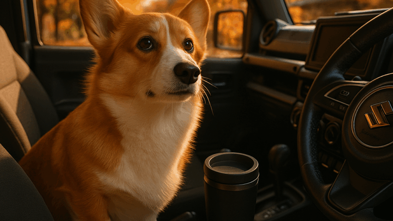 タンブラーに悩むコーギー